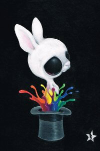 Bunny rabbit with large, black eyes hopping out of a hat on a black background.