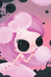 Woman with pink hair and black eye blowing a bubble on a pink background