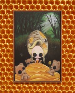 Woman with large, black eyes in a dress made of honey surround by small bears in a forest.