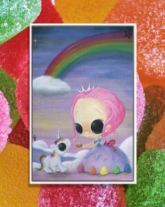 Woman with pink hair, black eyes, and a blue dress feeding candy to a small unicorn in front of a rainbow.