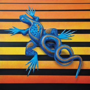 A blue lizard on a black, yellow, and orange background.