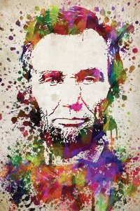 Portrait of Abraham Lincoln created by colorful paint splatters.