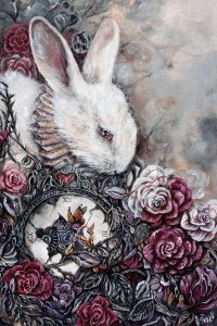 A white rabbit in a bed of red and white roses near a broken clock.
