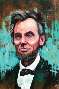 Painting of Abraham Lincoln portrait against a textured turquoise background.