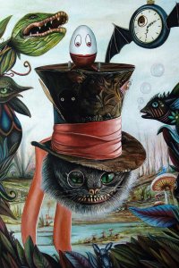 The floating hat of a smiling cat in a large hat with a flying clock and plant-like creatures nearby.