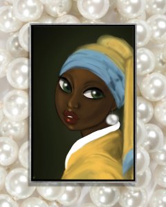 Girl with a pearl earring with dark skin and large, green eyes on dark green background.