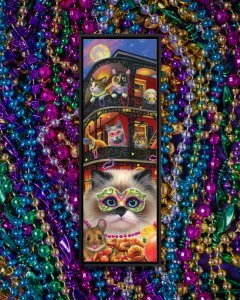 Cats, mice, and squirrels with mardi gras masks and beads.