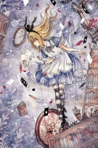 A depiction of Alice from Alice in Wonderland floating amongs playing cards, books, a clock, and a white rabbit.