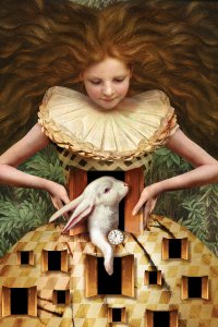 A long-haird girl looking down at a white rabbit emerging from a pair of doors in her chest with a pocket watch.