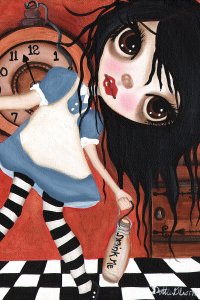 A dark-haired depiction of Alice from Alice in Wonderland holding a bottle that says &quot;drink me&quot;.