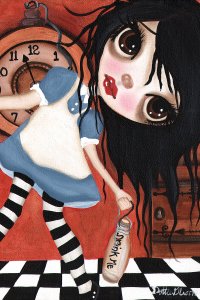 A dark-haired depiction of Alice from Alice in Wonderland holding a bottle that says "drink me".