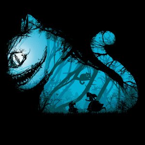 The silhouette of Alice and the rabbit from Alice in Wonderland running through the dark woods within the shape of a large grinning cat.