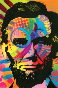 A black outline of Abraham Lincoln over a bright, multicolored background.