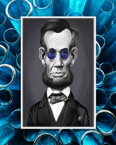 Grayscale painting of Abraham Lincoln wearing blue tinted glasses.
