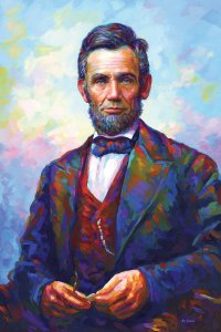 Painting of Abraham Lincoln sitting and holding a pipe in his hands.