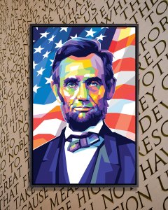 Colorful portrait of Abraham Lincoln against an American flag backdrop.
