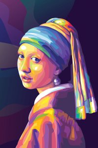 Colorful girl with a pearl earring on background with dark blue, purple, and green tones.