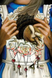 A depiction of Alice from Alice in Wonderland as a rabbit jumps into a hole in her chest while keys dangle from roses on her dress.