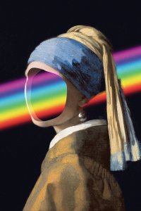 Faceless girl with a pearl earring with rainbow through head.