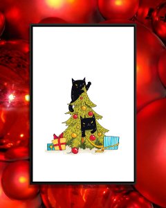 Two black cats attacking a Christmas tree.