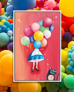 A girl wearing a blue dress and white apron holding on to a large group of colorful balloons as she floats upwards.