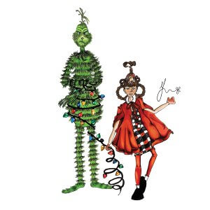 Fashion illustration sketch of the Grinch wrapped in lights and a stylish Cindy Lou.