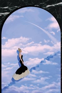 Woman in an elegant black and white dress climbing stairs into the clouds.