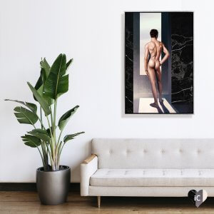 Backside of a nude man staring out a sunny window in a black, marbled wall.