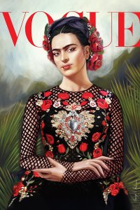 Frida Kahlo in a dramatic black dress with lace, roses, and a heart over the chest on the cover of Vogue.