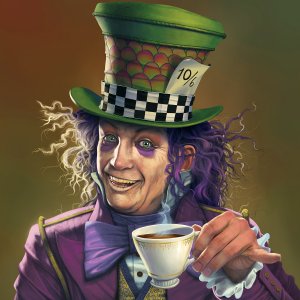A portrayal of the Mad Hatter with purple hair wearing a purple suit and a large green hat while smiling and holding a cup of tea.