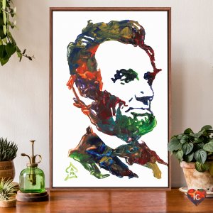 Colorful abstract painting of Abraham Lincoln's profile portrait.