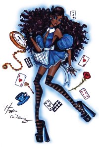 A dark skinned depiction of Alice from Alice in Wonderland wearing a alluring blue dress and surrounded by playing cards.