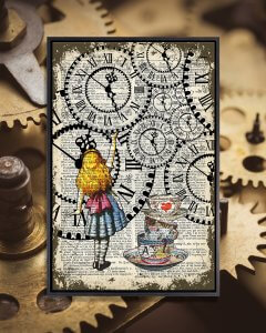 A depiction of Alice from Alice in Wonderland interacting with clocks printed on an old book page.