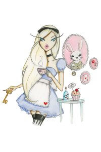 A fashion illustration depiction of Alice from Alice in Wonderland holding a key and a cup of tea with a framed picture of a white rabbit behind her.
