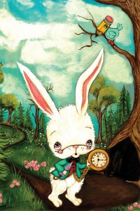 A white rabbit wearing a bowtie and holding a pocket watch standing under a tree with a bird that has a pencil for a head.