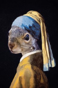 Girl with a pearl earring with a squirrel for a face on a black background.