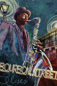 Blues player in purple suit playing the saxophone behind a Bourbon Street sign