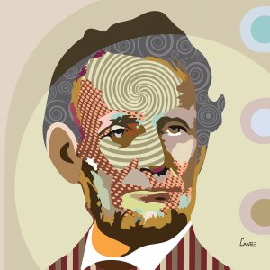 Portrait of Abraham Lincoln composed of various patterns and shapes.
