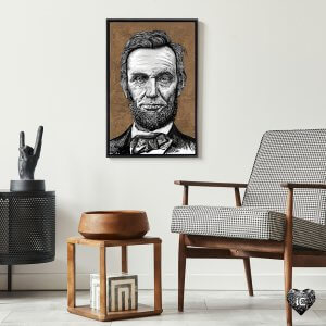 Black and white portrait of Abraham Lincoln against a brown background.