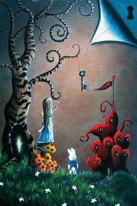 A depiction of Alice from Alice in Wonderland standing on mushrooms and near a white rabbit as she pulls a string threaded through a key.