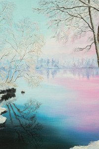 A pink and blue sky reflected in water that's surrounded by snow covered trees.