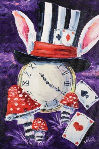 Painting of a pocket watch wearing a striped hat and white rabbit ears next to playing cards and mushrooms against a purple backdrop.