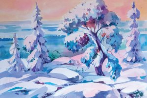 Snow-covered trees and landscape full of pastel colors.