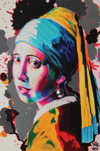 Colorful girl with pearl earring on a black and gray, splotchy background.