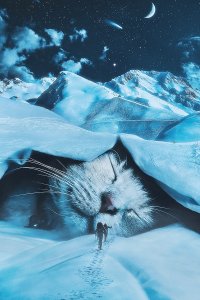 A giant cat taking a nap under a snowy mountain range as hikers approach.