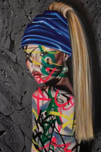 Girl with graffiti on her skin with a pearl earring on a gray background.