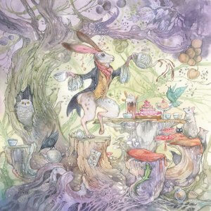 A white rabbit pouring tea at a tea party in the woods attended by a bird, mice, and a lizard.