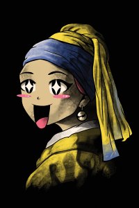 Girl with pearl earring with large, animated eyes and an open mouth.