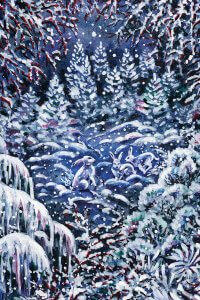 A dark scene in a snow covered forest with a group of rabbits.