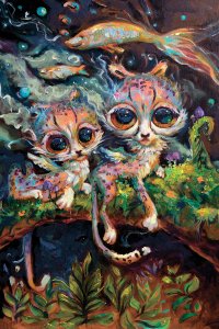 Two pink and orange cats with large eyes sitting on a tree branch with fish over them.